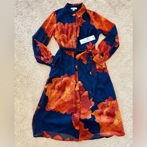 NWT Anne Klein Navy and Orange Floral Midi Dress